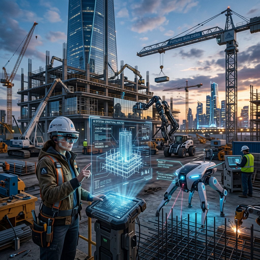 Construction worker with AR headset interacting with digital building plans and robotic machinery on site